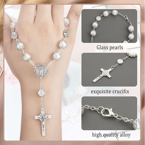 Saint Benedict Car Rosary 4 Pcs White Rearview Mirror Auto Rosary Hanging Personalized Car Cross Blessing Catholic Car Medal for Truck Bike Motorc...