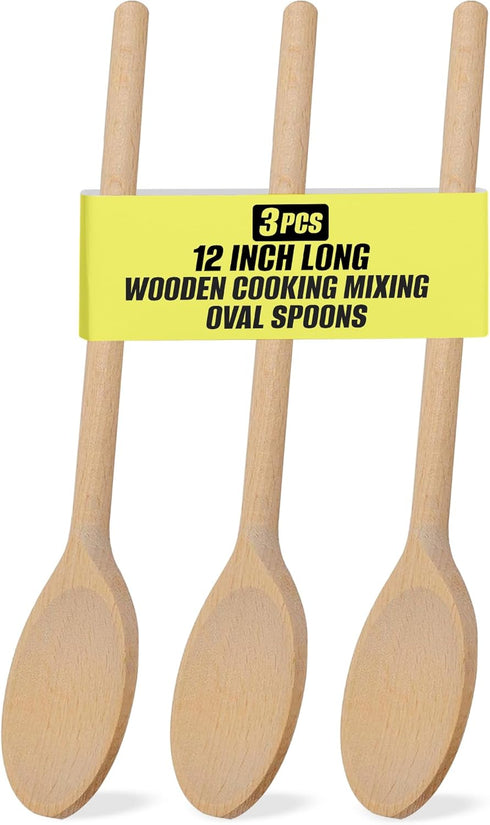 3-PCS 12? Long Beechwood Wooden Cooking Spoons – Heat-Resistant, Non-Scratch Mixers for Non-Stick Cookware | Sustainably Sourced European Crafting...