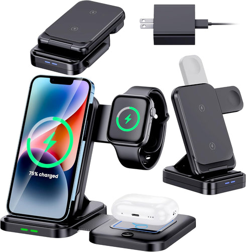 Wireless Charging Station, 3 in 1 Wireless Charger Stand, Foldable Wireless Charging Dock for iPhone14/13/12/11/Pro/Max/XS, Fast Charging Dock for...