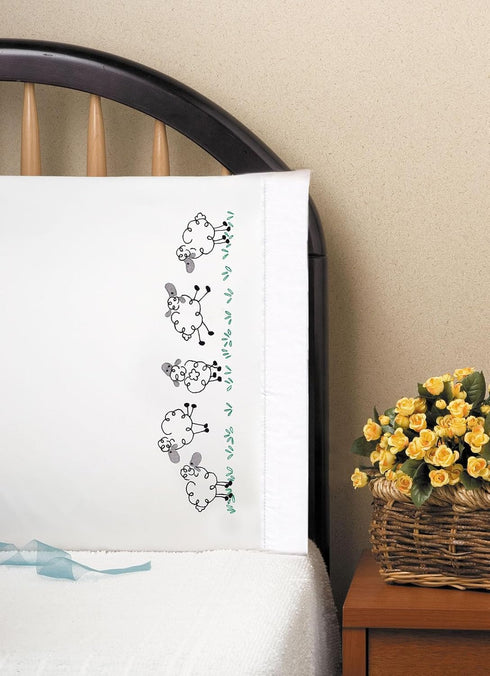 Design Works Crafts Tobin 20" x 30" Stamped Pillowcases for Embroidery, Running Sheep, White......