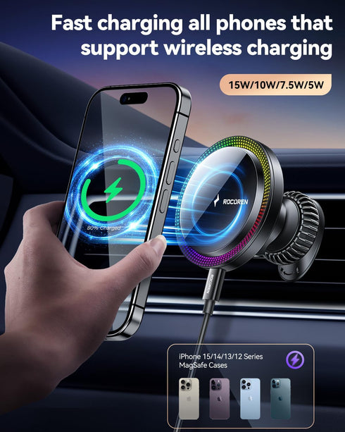 for MagSafe Car Mount Charger, Rocoren 15W Magnetic Wireless Car Charger, Magnetic Phone Holder for Car, for iPhone Car Accessories Car Phone Phon...