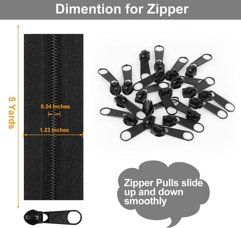 MiniRed 5Yards Bulk Zippers, (#5) Black Nylon Coil Zipper by The Yards for DIY Sewing Craft Bags with Replacement 20PCS Sliders (#5 Black)...