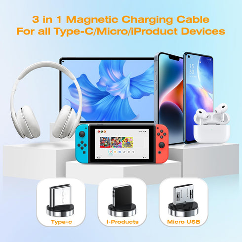 7-Pin Magnetic Charging Cable 2Pcs 360° Rotating 3 in 1 USB C Magnetic Phone Charger, 3A Fast Charging with Data Transfer for Android/i-Product/Mi...