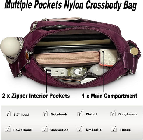 Nylon Crossbody Bags for Women Multiple Pockets Shoulder Handbag Casual Lightweight Waterproof Tote Purse...