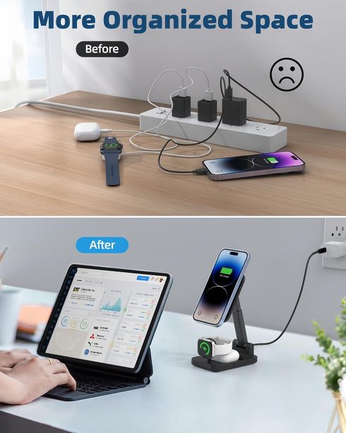 3 in 1 Foldable Wireless Charging Station for Apple Products, Adjustable Phone Charger Stand, Magsafe Charger Travel Dock for iPhone/Samsung/Googl...