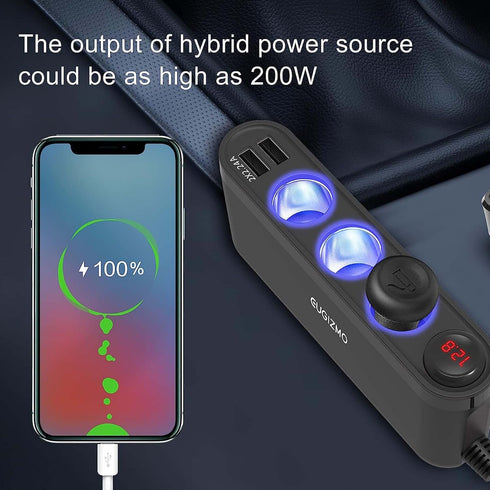 USB Cigarette Lighter Adapter, 200W Car Cigarette Lighter Plug Splitter Adapter USB Charger Extension Cord 3 Socket Way 12V/24V Plug Car Charger A...