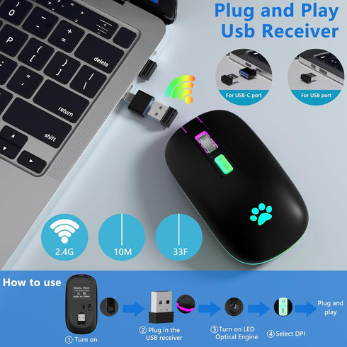Wireless Mouse, Backlit LED Portable Slim Computer Mouse for Laptop, PC, Computer, MacBook, iPad, Chromebook, Notebook, 2.4G Rechargeable Wireless...