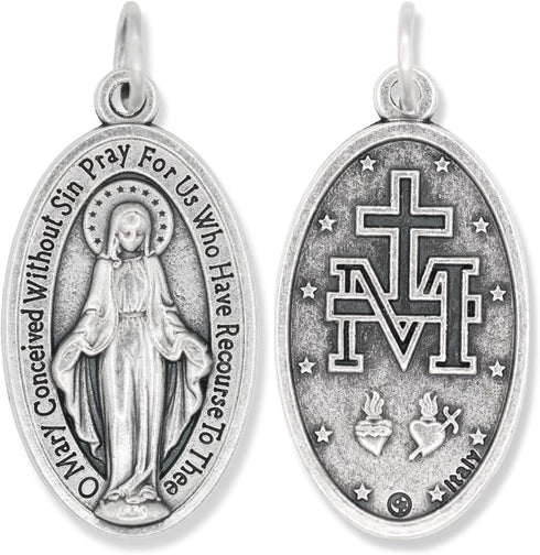 Pack of 5 - Large Oval Miraculous Medals in English (1.125", Silver Oxidized) - Made in Italy, Catholic Mary Pendant for Necklace...