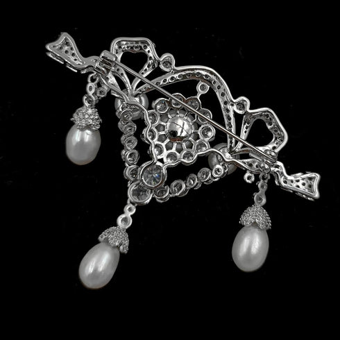 Magnificent Vintage Clear White Ribbon Trio Pearl Drop Brooch Pin Edwardian Jewelry...
