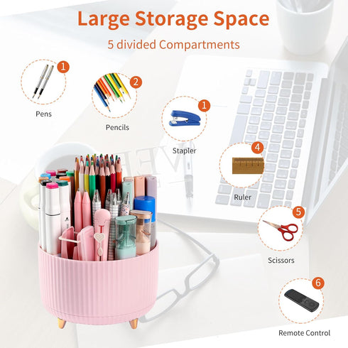 Desk Pencil Pen Holder, 5 Slots 360°Degree Rotating Pencil Pen Organizers for Desk, Desktop Storage Stationery Supplies Organizer, Cute Pencil Cup...