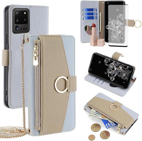 Asuwish Phone Case for Samsung Galaxy S20 Ultra 5G Wallet Cover with Screen Protector and Mirror Flip Cover Ring Card Holder Crossbody Strap Cell ...