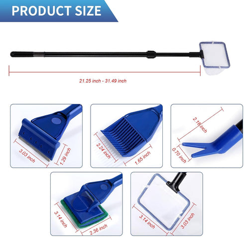 Fish Tank Cleaning Tools, 5 in 1 Cleaning Tool Kit, Aquarium Clean Set,Fish Net Gravel Rake Algae Scraper Fork Sponge Brush Glass Cleaner Tools Ki...
