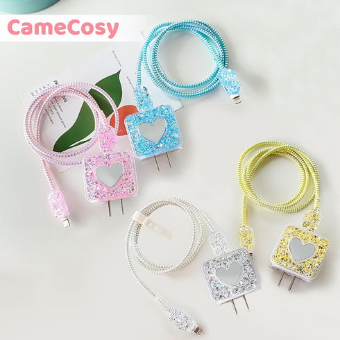 DIY Cable Protector Compatible for Apple iPhone Charger with Mirror,Cute Glitter Bling Love Heart Design,Data Line USB Case Wire Cable Saver Phone...