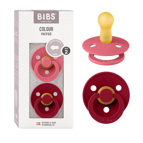 BIBS Pacifiers Colour Collection | Natural Rubber Baby Pacifier | Set of 2 BPA-Free Soothers | Made in Denmark | 6+ Months (Pack of 2) | Coral/Rub...