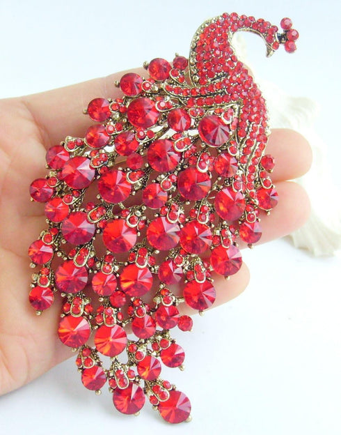 Sindary Pretty Bird 4.33" Peacock Brooch Pin Austrian Crystal BZ5651 (Gold-Tone Red)...