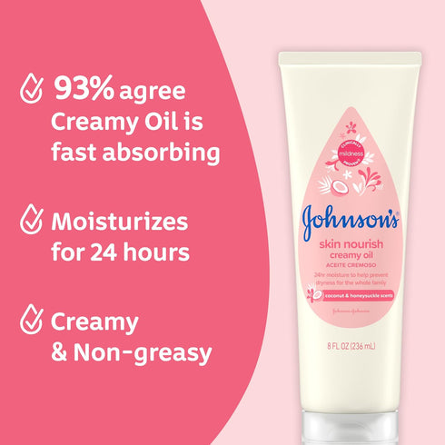 Johnson's Skin Nourish Creamy Baby Oil for Dry Skin with Coconut & Honeysuckle Scent, Rich & Creamy Baby Body Oil Moisturizes for 24 Hours & Helps...