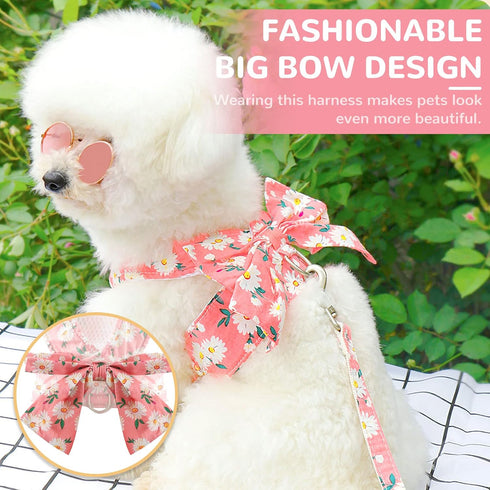 Dog Harness and Leash Set with Bow Knot No Pull Pet Daisy Floral Harness with D-Ring Soft Mesh Dog Harness Vest Set Escape Proof Princess Puppy Ha...