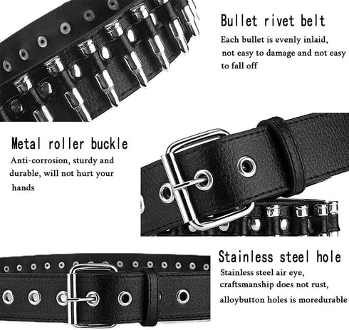 Bullet Studded Belt, Punk Rivet Belt Black Leather Rock Belt with Silver Bullet for Women Men...