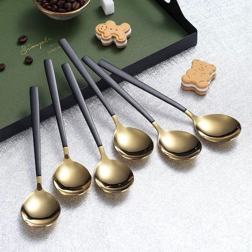 Teaspoons 6 Pieces Black And Gold Plating Coffee Spoons, Homquen 6.3" Modern Design Stainless Steel Tea Spoons Set, Small Spoon Silver Dishwasher ...