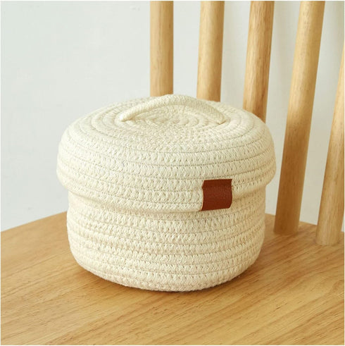 Small Storage Basket-Natural Cotton Rope Woven Baskets for Organizing Cute Basket for Home Decor,Bedside Bathroom Organization Bin (White with Lid...