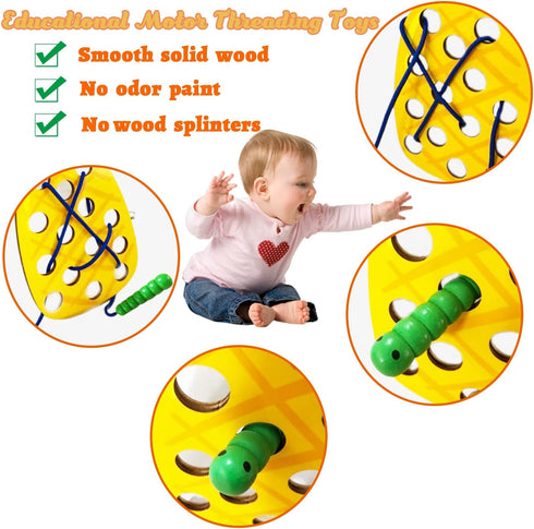 4 Pack Wooden Lacing Toy,Educational Threading Activity Puzzles,Learning Fine Motor Skill Travel Toy,Wooden Fruit Threading Set for Toddlers Kids ...