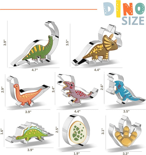 Pack of 8 Dinosaur Cookie Cutters – Stainless Steel T-Rex Dinosaur Footprint Triceratops Stegosaurus Dinosaur Egg Brontosaurs Shapes Baking Cutter...