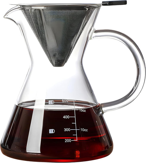 Pour Over Coffee Maker with Reusable Stainless Steel Drip Filter, Glass Drip Coffee Maker Set, Lead-Free Borosilicate Glass Coffee Carafe for 1-4C...