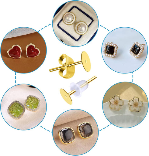 TOAOB 300pcs Earring Posts and Backs Gold Stainless Steel Hypoallergenic 5mm Flat Pad Studs with Clear Rubber and Butterfly Earring Backs for DIY ...