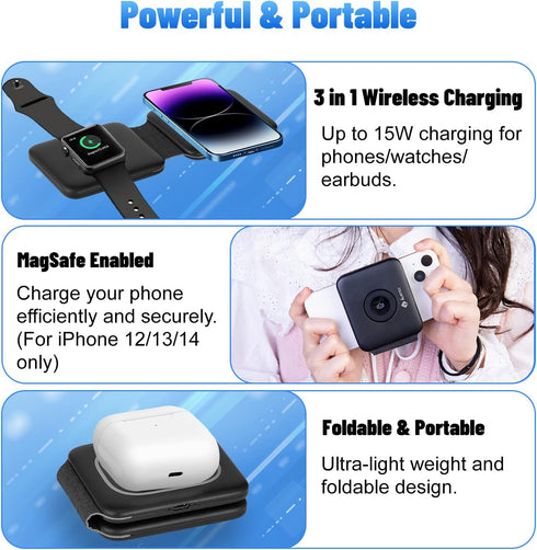 AURTEC Foldable Magnetic Wireless Charging Station, 15W Fast Charging, 3-in-1 Wireless Charger with QC3.0 Adapter, Compatible with iPhone 14/13/12...