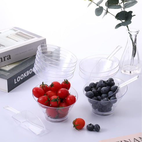 24 Pcs Plastic Clear Serving Bowls with Kitchen Plastic Scoops Salad Serving Bowls Popcorn Scoops Angled Candy Bowl for Salad Cooking Parties, 210...