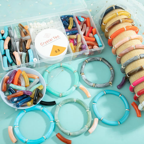 120 Pcs Curved Tube Beads for Bracelets Making, 20 Colors Acrylic Bamboo Tube Beads Noodle Beads and Elastic Strings for DIY Craft Necklace Bracel...
