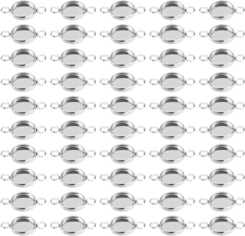 50Pcs Stainless Steel Round Blank Bezel Set with Double Loops, Pendant Bezel Tray Connectors,Round Glass Resin Cabochons Base Blank Pendants Tray ...