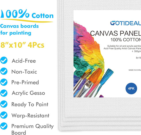 GOTIDEAL Canvas Boards for Painting, 8x10 inch Set of 4, Gesso Primed White Blank Canvases for Painting - 100% Cotton Art Supplies Canvas Panel fo...