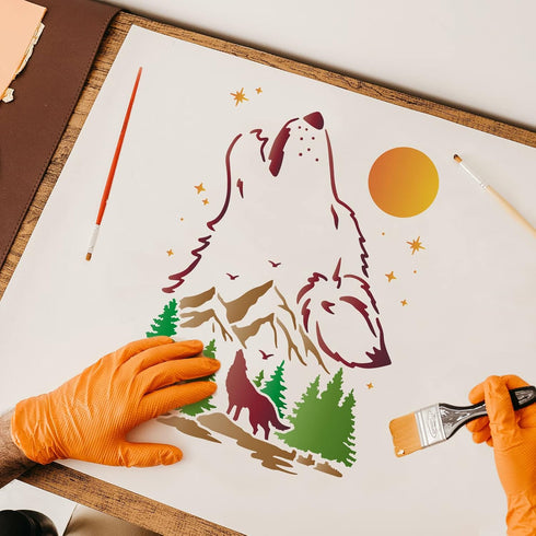 FINGERINSPIRE Wolf Stencils Decoration Template 11.7x8.3inch Plastic Forest Mountain Moon Drawing Painting Stencils A4 Reusable Stencils for Creat...
