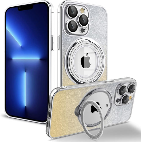 for iPhone 11 Case Glitter with Rotatable Ring Stand Compatible with MagSafe, Plating Bling Clear Case with Camera Lens Protector Slim Phone Case ...
