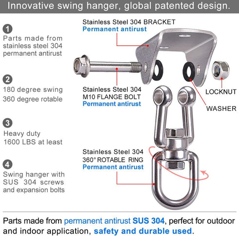 SELEWARE Stainless Steel Swing Hanger Heavy Duty Ceiling Swing Mount Free Swivel Swing Hook Swing Hardware Kit for Yoga Swing Hammock Chair Porch ...