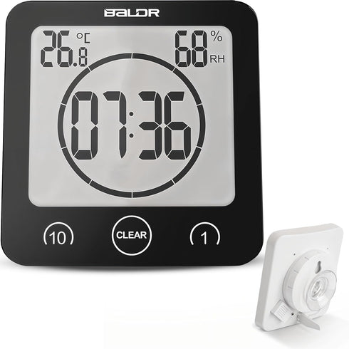BALDR Digital Shower Clock with Timer - Black - Water-Resistant Shower Timer, Countdown Timer Clock with Temperature and Humidity, Digital Clock f...