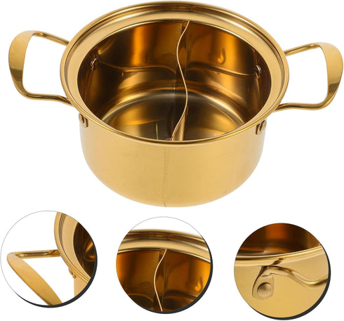 Golden Stainless Steel Small Hot Pot Small Cooking Pot Hot Pot with Divider Home Cooking Pot Kitchen Cooking Pot Noodle Pot Stock Pot Individual M...