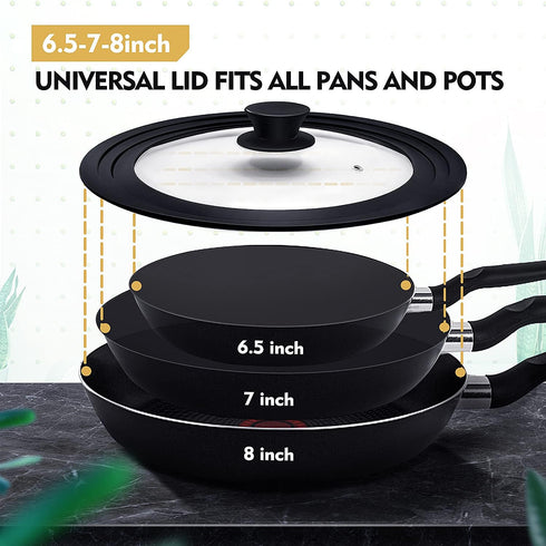 Universal Lid for Pots, Pans and Skillets, Pot Lid With Heat Resistant Silicone Rim and Tempered Glass,Fits 6.5", 7", 8" Diameter Pots and Pans...