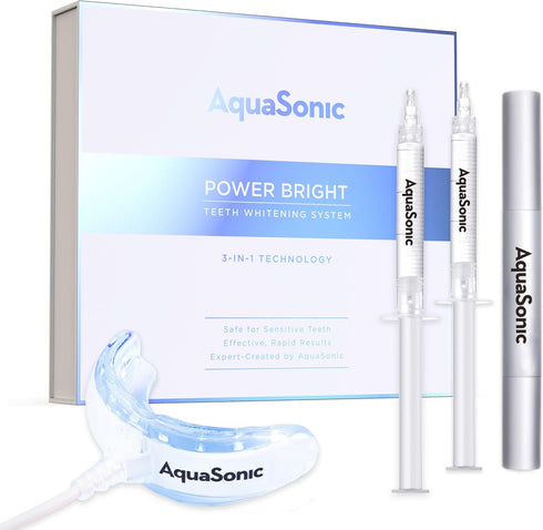 AquaSonic Power Bright Teeth Whitening 3-in-1 Kit | 2 Whitening Gel Syringes | 1 Blue LED Light Mouthpiece | 1 Whitening Pen | Easy Safe Fast Resu...