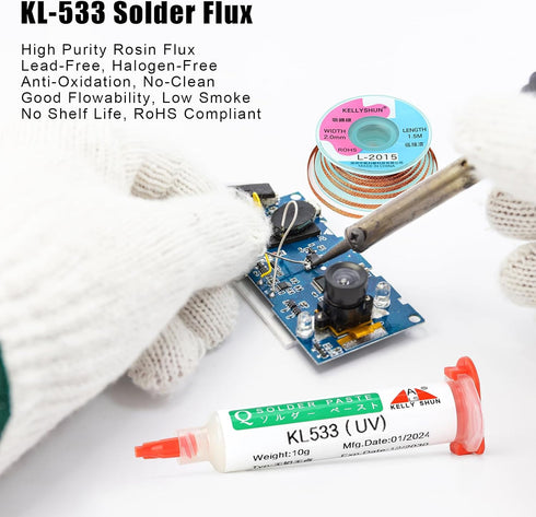 No Clean Soldering Flux Paste & Solder Wick,10ML Solder Flux (2 Piece),1500MM Solder Wick Braid With Flux (1 Piece) 0.08 Inch Desoldering Wick...