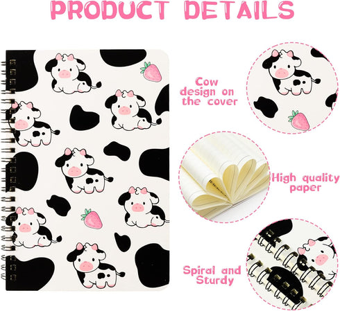L1rabe 2 A5 Cow Spiral Notebooks Cute Funny Cow Pink Strawberry Milk College Ruled Notebooks Hardbound Spiral Travel Drawing Journal Notepad Diary...