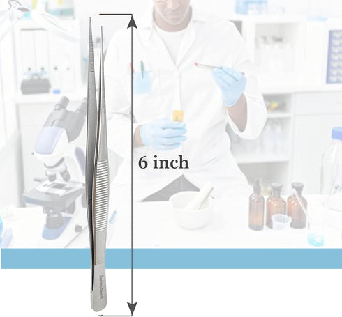 Stainless Steel High Precision Forceps with Fine Strong Straight Serrated Point to use Engineer Labware for Scientific Use 6" (15.2 cm), (6 Inch)...