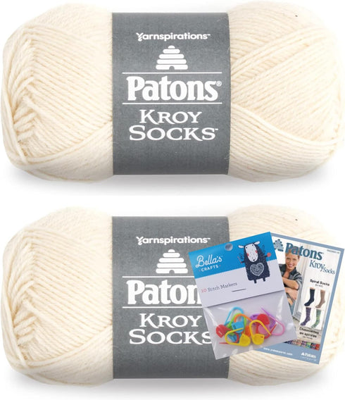 Patons Kroy Socks Yarn 2-Pack Bundle with Bella's Crafts Stitch Markers (Muslin)...