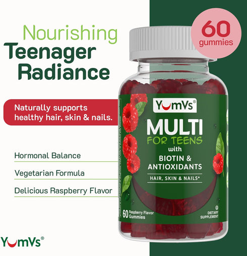 YumVs Teen Multivitamin Gummies with Biotin and Antioxidants - Raspberry Flavor - Hair Skin Nails Support - Vegetarian Kosher Teen Vitamins for Bo...