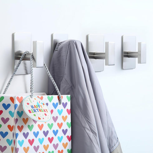 (4-Pack) Adhesive Towel Hooks Square Stainless Steel Adhesive Wall Hooks for Bathroom Kitchen Hanging Hats, Coats, Clothes (Brushed Nickel)...