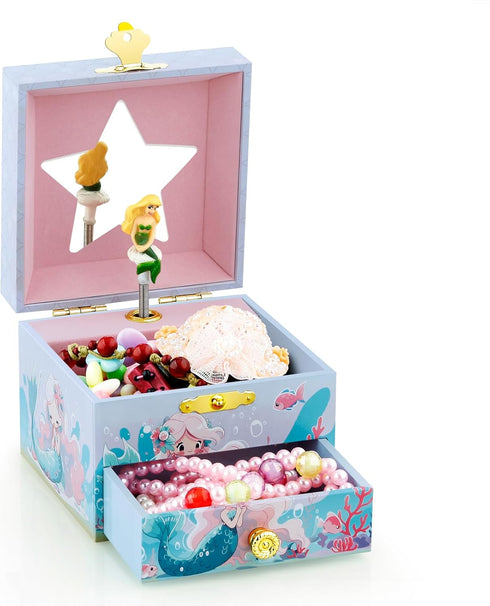 RR ROUND RICH DESIGN Kids Musical Jewelry Box for Girls Include Drawer and Pretty Jewelry Set with Cute Mermaid Theme - Beautiful Dream Tune Blue...