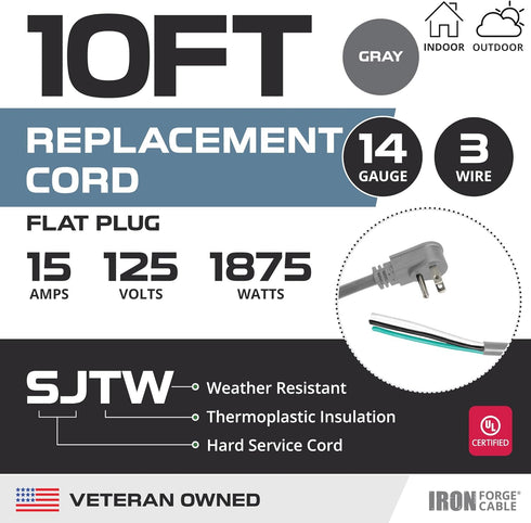 Iron Forge Cable 90 Degree Electrical Plug Slim Plug Head Replacement Power Cord with Open End - 10 Ft Gray Extension Cable,14/3 SJTW, for Univers...