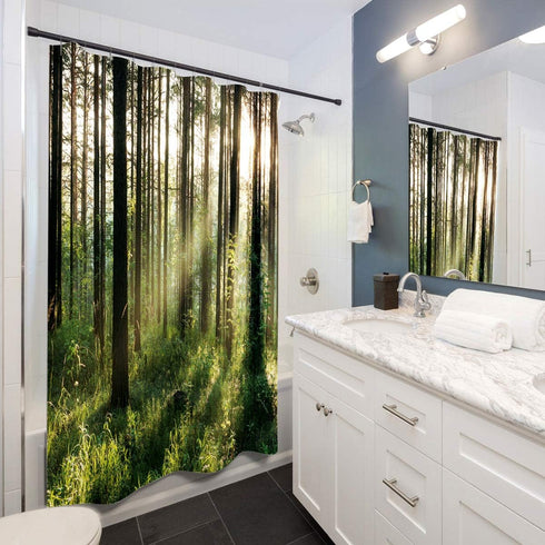 LIGHTINHOME Nature Shower Curtain 72x72 Inch Bright Sunshine Tree Green Leaves Fresh Grass Landscape Woodland Scene Floral Fabric Waterproof Bathr...