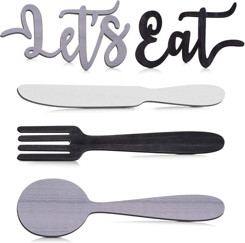 Yerliker 5 Pcs Let's Eat Sign, Wooden Fork Spoon Knife Sign Wall Decor, Rustic Cutout Eat Grey Kitchen Decor for Home Dining Living Room Bar Cafe ...